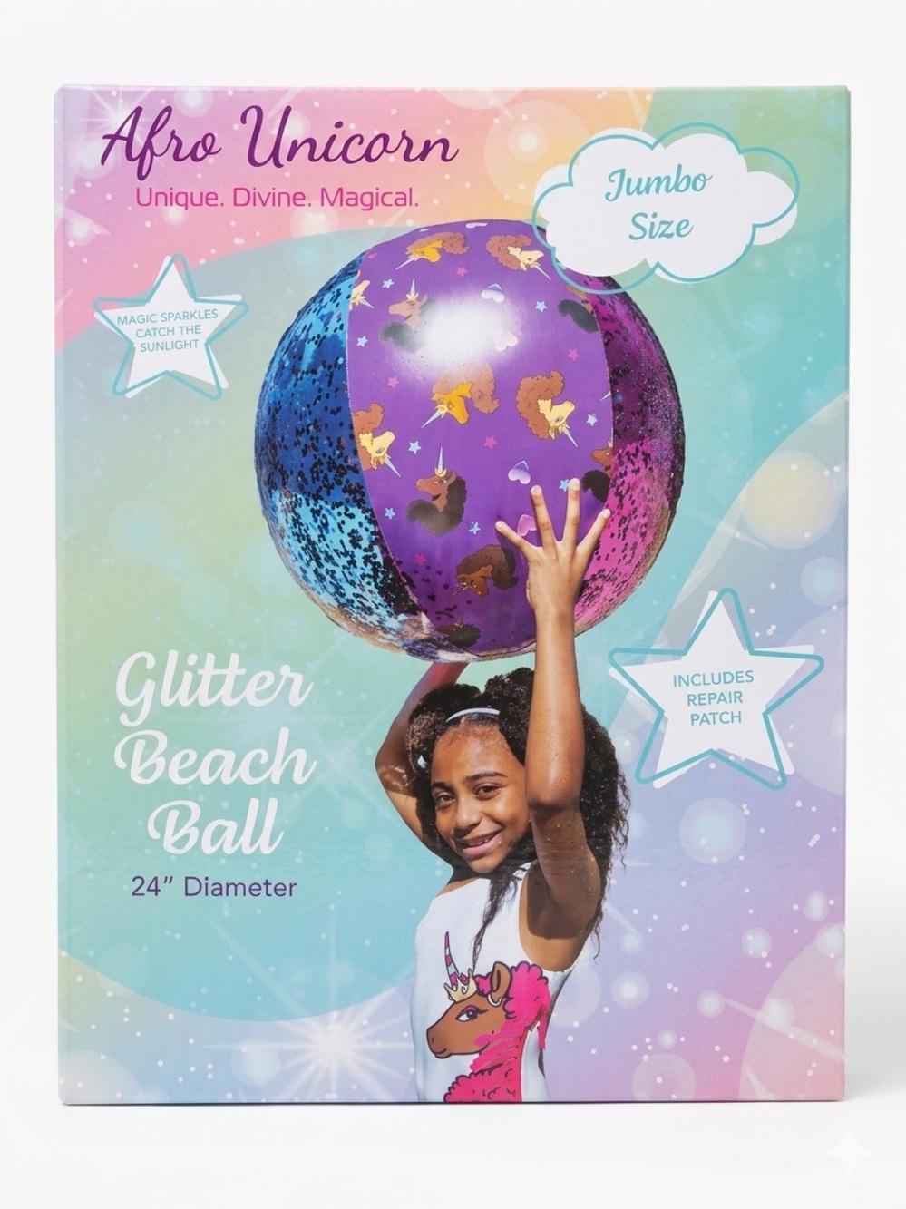 π (24β) Afro Unicorn Jumbo Glitter Beach Ball Pool Toy-New In Box - Picture 1 of 2